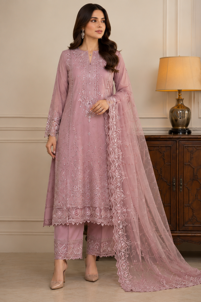 Rose Elegance Embroidered Chiffon Suit