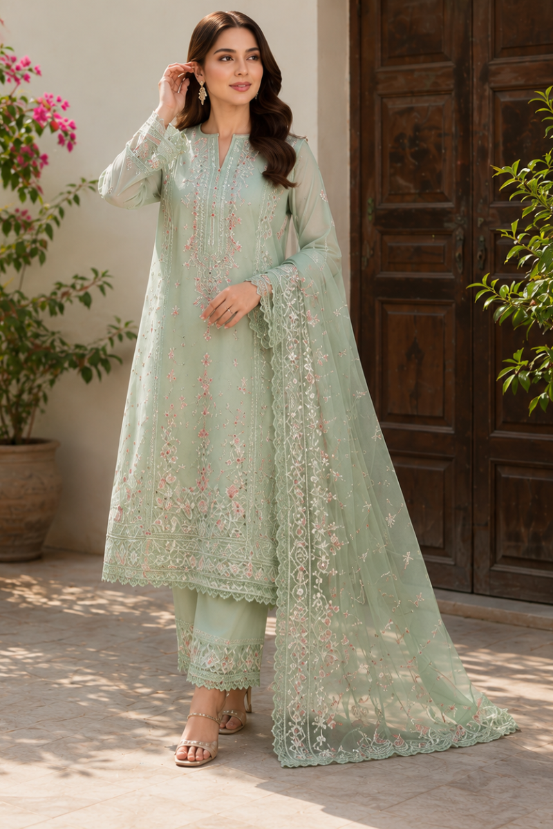 Mint Blossom Embroidered Lawn Suit