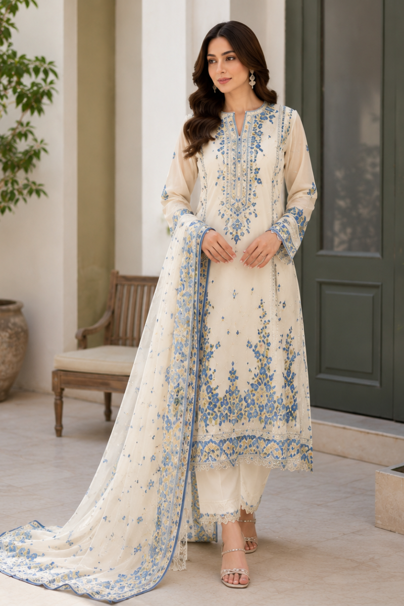 Ivory Azure Embroidered Lawn Suit