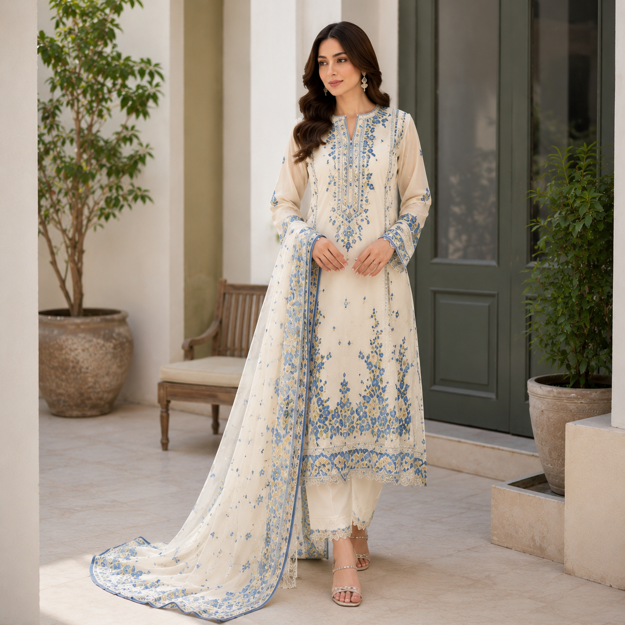 Ivory Azure Embroidered Lawn Suit