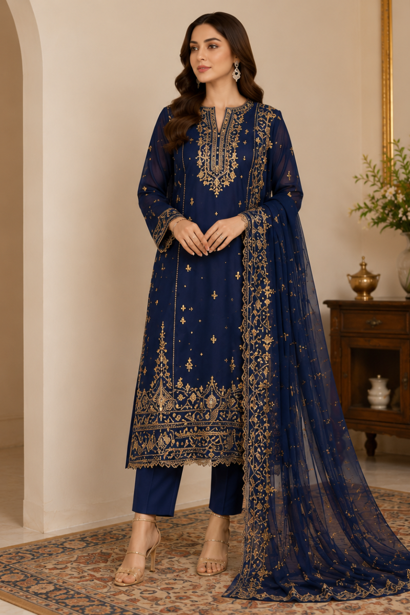 Royal Midnight Embroidered Chiffon Suit