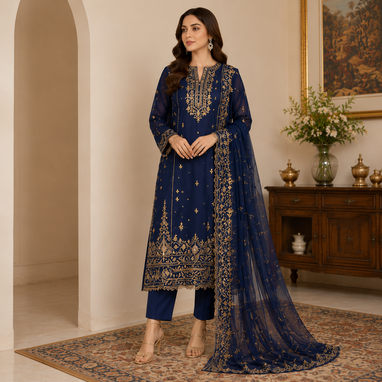Royal Midnight Embroidered Chiffon Suit
